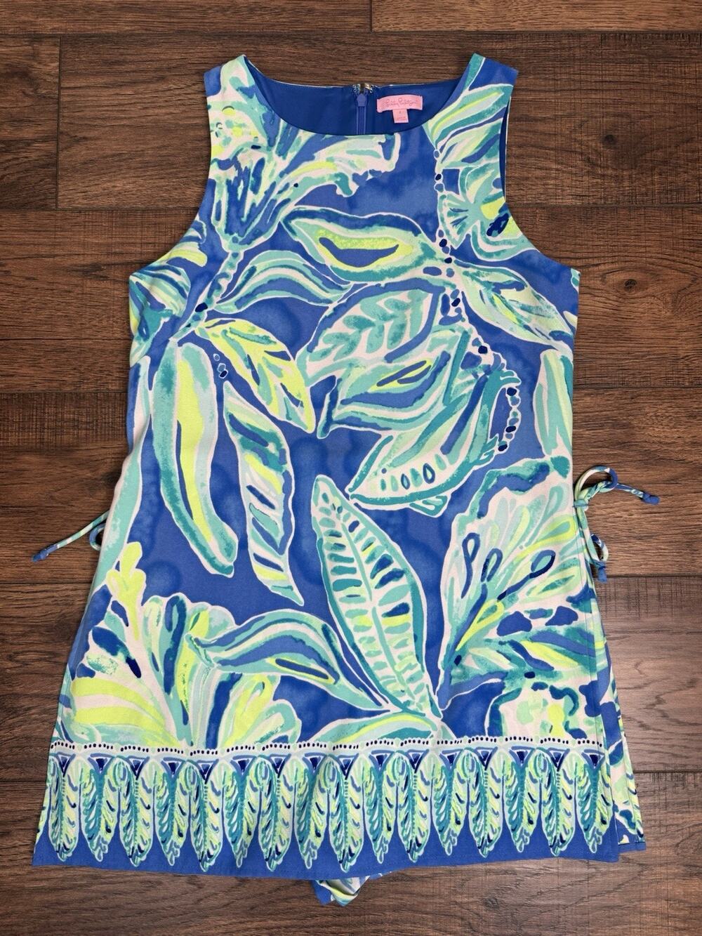 Lilly Pulitzer Donna Romper Dress Sz 8 Palm Passages Sleeveless Side Tie Coastal